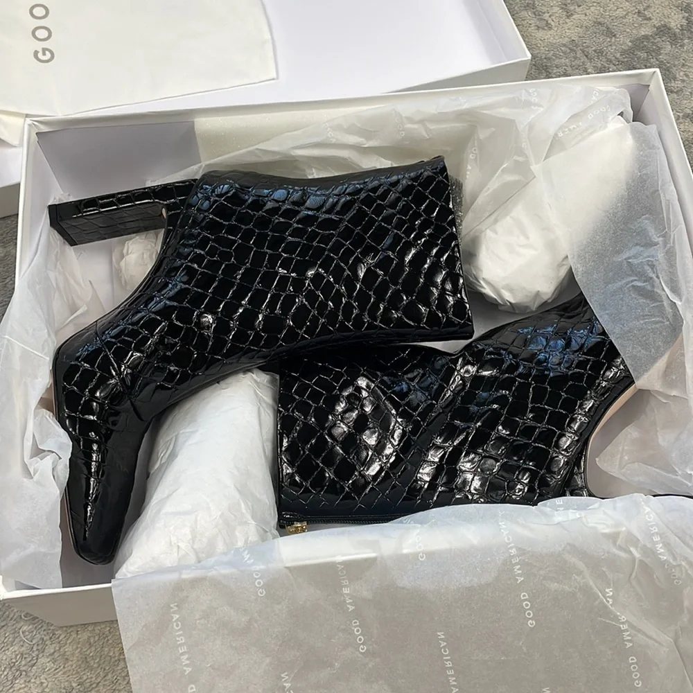 NIB Good American Black Patent Croc Leather Boots Square Toe Ankle Booties Sz 9